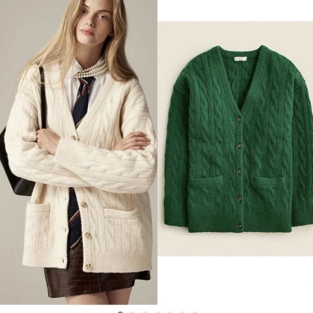 NWT JCREW S/M OVERSIZED GREEN THICK CABLED CARDIGAN SWEATER NEW NWT - Picture 1 of 9